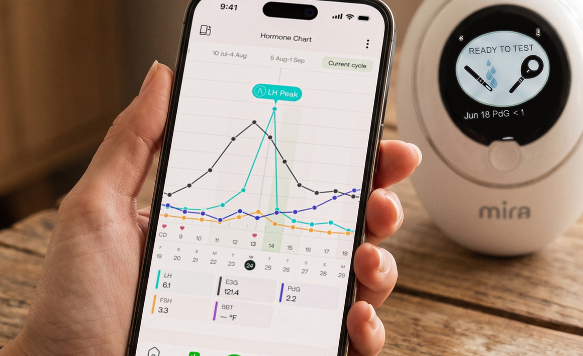 Mira app hormone chart on a phone next to the Mira monitor