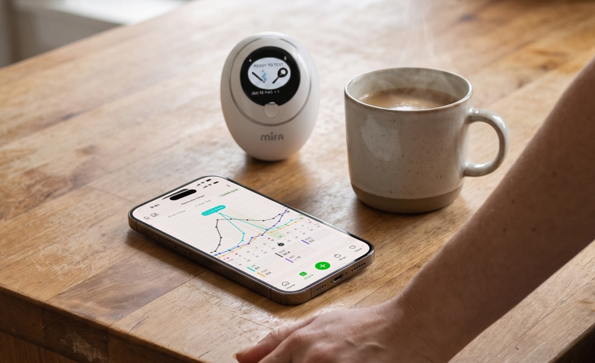 Mira monitor and a phone showing hormone trends beside a coffee mug